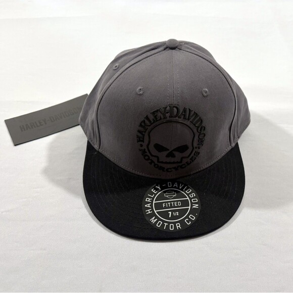 HARLEY DAVIDSON Motorcycle Skull Mens Fitted Hat Cap Black Gray Sz 7 1/2 NWT - Picture 1 of 11